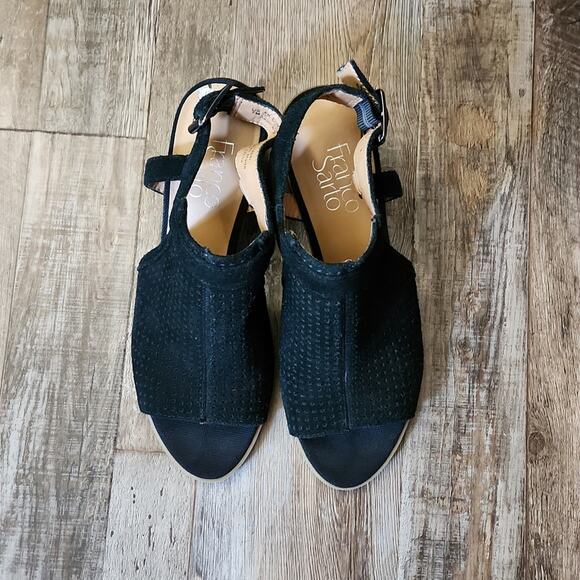 Franco Sarto Harlet2 Black Suede Slingback Sandals Size 7 Peep Toe Neutral Block - Picture 2 of 11